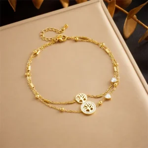 RENSINO Stainless Steel Double Layer Tree of Life Anklet Gold Plated