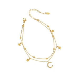 RENSINO Stainless Steel Double Layer Waterproof Anklet 18k Gold Plated Star Moon Charm Anklet for Women