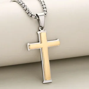 RENSINO Stainless Steel Double Layers Cross Pendant Necklace Simple Silver Gold Black Hiphop Punk Religious Prayer Charms For Women Men