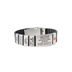 RENSINO Stainless Steel Elbow for Medical Devices First Aid Fashion Bracelets Alert ID Laser Engraved Wristbands with Lifeline Charm