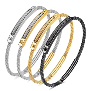 RENSINO Stainless Steel Electroplated Gold Black Cable Bracelets Simple Fashion Design Steel Wire Buckle Bracelet Women