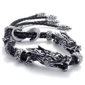 RENSINO Stainless Steel Fashion Dragon Leather Bracelet for Men cool Tatoo Stylish Fashion Stainless Steel Jewelry
