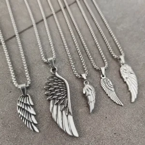 RENSINO Stainless Steel Feather Angel Wings Pendant Collection Necklace With 60cm Round Box Chain Aile Flugel Ala