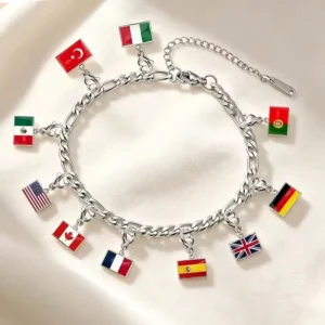 RENSINO Stainless Steel Flag Charm Bracelet 10*6.6mm National Flag Pendant Fashion Souvenir Jewelry for Parent Festival Gift
