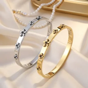 RENSINO Stainless Steel Flower High Polished Buckle Bangle Waterproof Colorfast Daisy Clover Cuff Bracelet Ins Jewelry