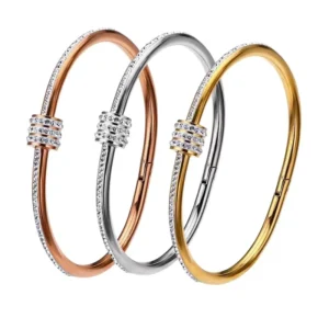 RENSINO Stainless Steel Full Diamond Bracelet Bangle Small Waist Magnetic Buckle Opening Gold Plated Geometric Design Wedding Party Gift