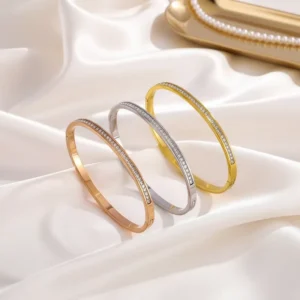 RENSINO Stainless Steel Full Ziircons Bangle Rose/Yellow Gold Half Eternity Rhinestone Cuff Bracelet Stackable Jewelry