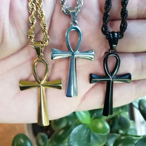 RENSINO Stainless Steel Gold Black Silver Ankh Cross Necklace Religious Faith Christian Pendant Necklace for Men Women