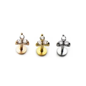 RENSINO Stainless Steel Gold Plated Fashion Jewelry Three Flower Zircon Pierced Ear Lip Nail Body Piercing Earring
