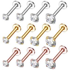 RENSINO Stainless Steel Gold Plated Pierced Ear Lip Labret Studs Helix Ear Flat Back Zircon Earring Tragus Cartilage Piercing Jewelry