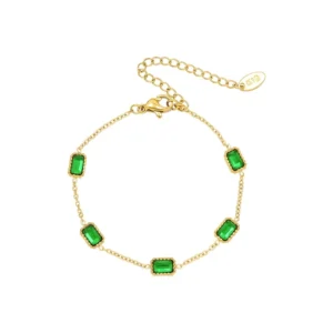 RENSINO Stainless Steel Gold Plated Square Green Zircon Women Charm Bracelet