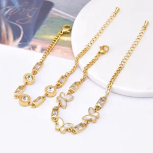 RENSINO Stainless Steel Gold Plated White Fritillaria Butterfly Zircon Women Adjustable Bracelet