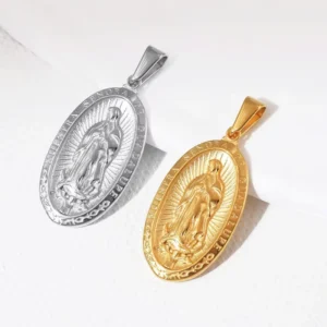 RENSINO Stainless Steel Gold Silver Our Lady Virgin Mary Prayer Pendant Religious Jewelry Coin Medallion Necklace Pendant