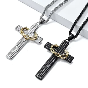 RENSINO Stainless Steel Hammered Cross Trendy Gold Plated Antique Silver Finishing Black Religious Pendant Chain Necklace Jewelry