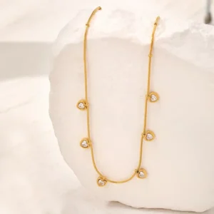 RENSINO Stainless Steel Heart CZ Charm Necklace Waterproof Tarnish Resistant Dainty Snake Chain Clavicle Jewelry REACH Certified