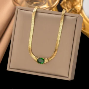 RENSINO Stainless Steel Herringbone Bracelet 18K Gold Plated Snake Chain Oval Cubic Zirconia Choker Necklace Trendy Jewelry Set