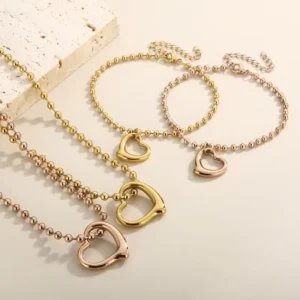 RENSINO Stainless Steel Hollow Heart Pendant Bracelet Necklace Set Silver Gold Plated Bead Chain Women’s Gift Wedding Engagement Party
