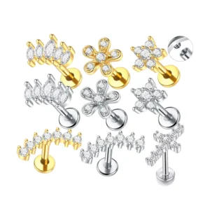 RENSINO Stainless Steel Internally Threaded 16G Labret Studs Lip Piercing Cartilage Ear Studs Body Piercing Jewelry With Zircon