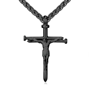 RENSINO Stainless Steel Jesus Crucifix Nail Black Gold Silver Necklace Christian Baptism Confirmation Religious Gifts for Men