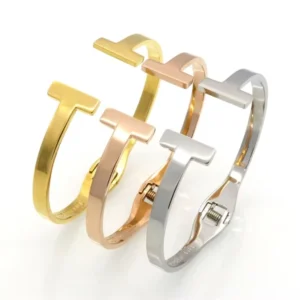 RENSINO Stainless Steel Jewelry Gold Double L Spring Open Bracelet T shaped Titanium Steel Bracelet Women’s Bracelet