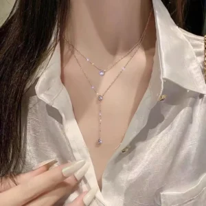 RENSINO Stainless Steel Jewelry Ins Trendy Classic Necklace 18k Gold Plated Double Layer Zircon Pendant Necklace