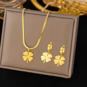 RENSINO Stainless Steel Jewelry Set for Women Heart Pearl Clover Necklace and Earring Set Gold Bijoux Femme Acier Inoxydable