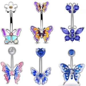 RENSINO Stainless Steel Jewelry Zircon Butterfly Belly Ring Drops Oil Diamond Flower Belly Button Nail Women’s Body Jewelry