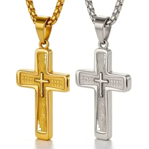 RENSINO Stainless Steel Layered Cross Pendant Necklace with Beaded Bracelet Unisex Christian Religious Gift Jewelry