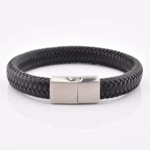 RENSINO Stainless Steel Magnetic Button Men Wrist Band Braided Genuine Leather Bracelet