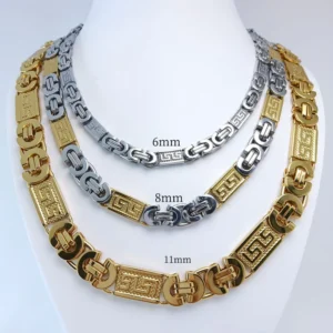 RENSINO Stainless Steel Men Jewelry Set Byzantine Bracelet and Necklace Silver 18k Gold Plating Two Tone Color Big Cuban for Men