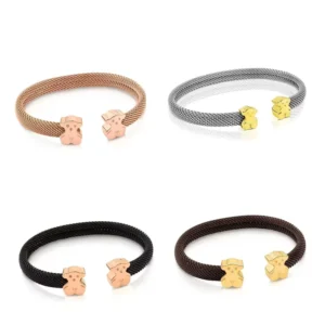 RENSINO Stainless Steel Mesh Cuff Bracelet 18K PVD Gold Plated Bear Ends Open Bangle for Women Fashion Jewelry Waterproof
