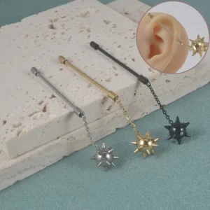 RENSINO Stainless Steel Meteor Hammer Dangle Industrial Helix Cartilage Tragus Earring 38mm Chain Piercing Jewelry