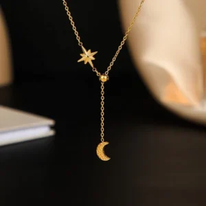 RENSINO Stainless Steel Moon Star Zircon Pendant Necklace Adjustable Lariat Chain Jewelry REACH Certified