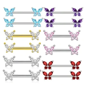 RENSINO Stainless Steel Multi color Butterfly Nipple Ring with Zircon External Thread Breast Ring for Wedding Party Body Piercing Gifts