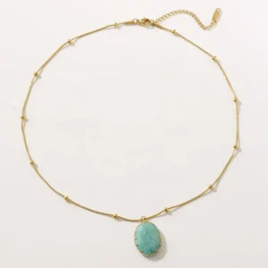 RENSINO Stainless Steel Natural Amazonite Pendant Necklace Waterproof Tarnish Resistant Adjustable Snake Chain Statement Jewelry