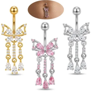 RENSINO Stainless Steel Navel Stud Butterfly Bow Knot Zircon Water Drop Pendant Belly Piercing Daily Wear