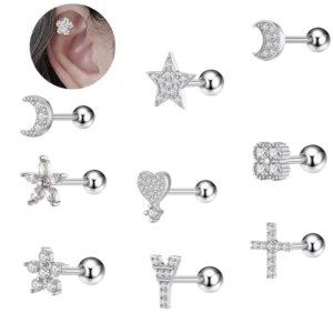 RENSINO Stainless Steel Piercing Jewelry Copper Inset Zircon Earrings Moon Flower Piercing Ear Bone Nails for Women