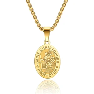 RENSINO Stainless Steel Religious Gold Silver Plated St Saint Christopher Protect Us Charm Necklace