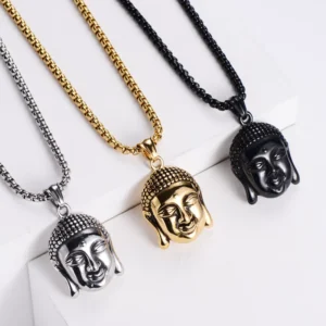RENSINO Stainless Steel Religious Jewelry Black Silver Gold Buddha Pendant Necklace