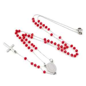 RENSINO Stainless Steel Religious Jewelry Cross Pendant Rosary Necklace with 3.5mm 6mm Red Blue Black Crystal Beads