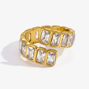 RENSINO Stainless Steel Ring Tarnish Free Waterproof 18K Gold Square White Zircon Open Ring for Women Jewelry