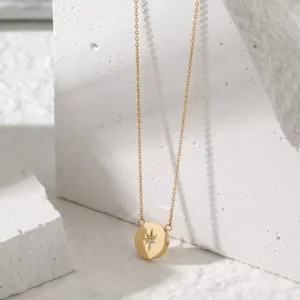 RENSINO Stainless Steel Round Charm North Star Sun And Moon Necklace
