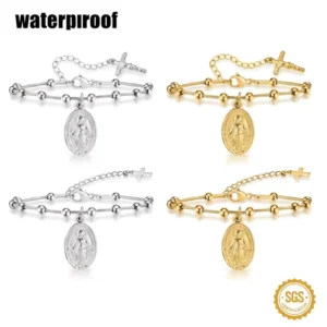 RENSINO Stainless Steel Round Religious 18K Gold Plated Jewelry Virgin Mary Cross Beaded Bracelet for Anniversaries