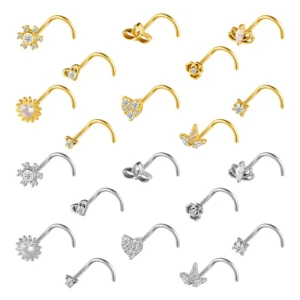 RENSINO Stainless Steel Round Zircon Body Piercing 5 shaped Curved Nose Nail for Unisex