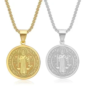 RENSINO Stainless Steel Saint Benedict Medal Necklaces Gold & Silver Tone Religious Jewelry with Bamboo Chain Ball Pattern for Gift