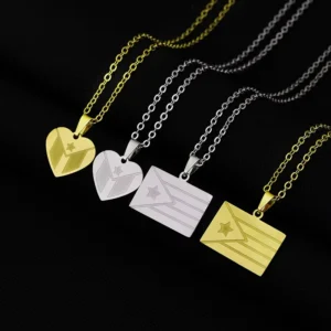 RENSINO Stainless Steel Silver 18K Gold Plated Puerto Map Pendant Necklace for Men and Women Puerto Flag Pendant Necklace