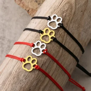 RENSINO Stainless Steel Silver 18k Gold Plated Dog Cat Paw Charm Bracelet Macrame Black Cord Red String Rope Paw Charm Bracelet