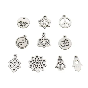 RENSINO Stainless Steel Silver Chakra Charm Yoga OM Buddha Lotus Charm Pendants for DIY Jewelry Making Bracelet Accessories
