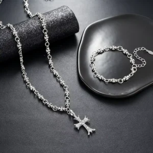 RENSINO Stainless Steel Silver Cross Pendant Link Chain Necklace with Zircon Trendy Hip Hop Jewelry
