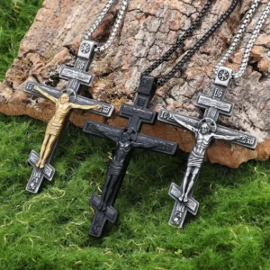 RENSINO Stainless Steel Silver Gold Black Orthodox Cross Necklace for Men Women